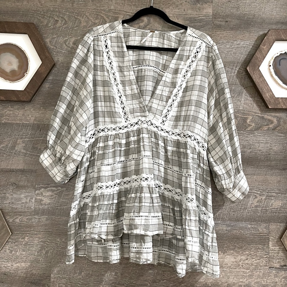 Free People M Plaid Peasant Babydoll Blouse